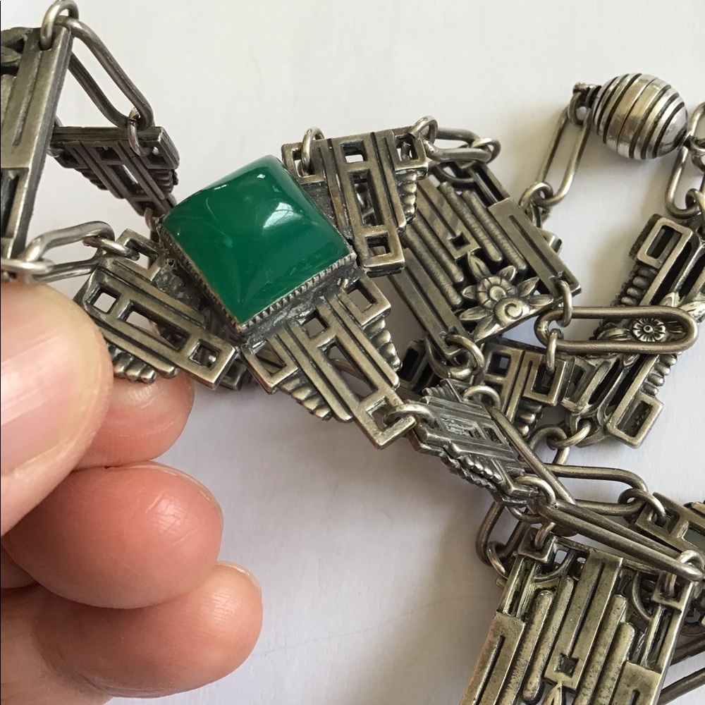 Antique Art Deco Sterling Chrysoprase Necklace - Picture 7 of 11